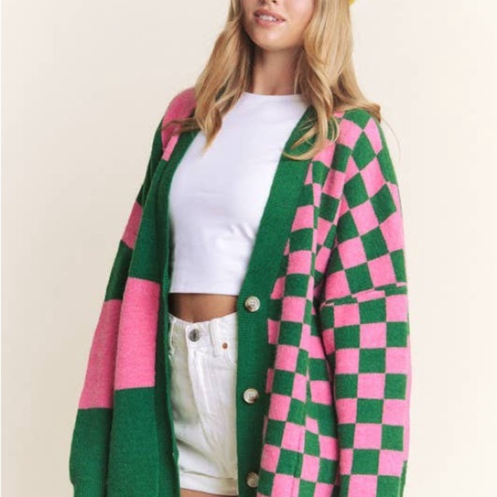 Green and Pink Checkered Women's Sweater - Picture 4 of 7
